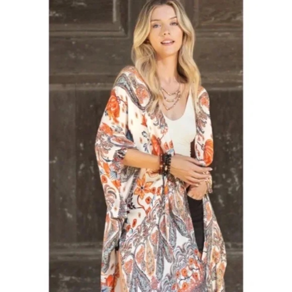 Alabaster Dobby Jacquard Intricate Jacobean Motif Boho Bohemian Kimono Wrap Top - Picture 2 of 5